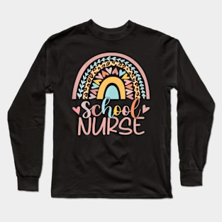 Cute Rainbow Leopard Print School Nurse Back To School Long Sleeve T-Shirt